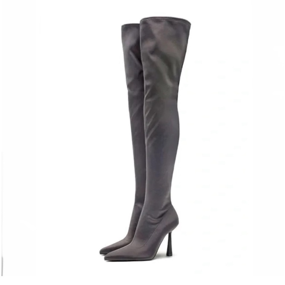 Zara fabric over the knee heeled boots gray  Sz 39/8.5